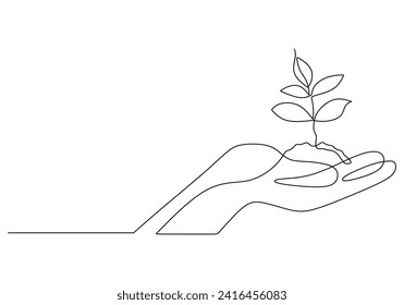 One line drawing of hands holding a plant. Concept of growing and love earth in continuous single outline.