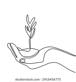 One line drawing of hands holding a plant. Concept of growing and love earth in continuous single outline.