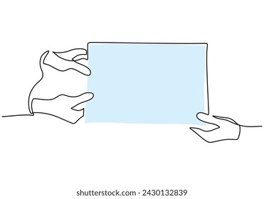 One line drawing of hands holding paper document. Blank documents for business agreement and administration.