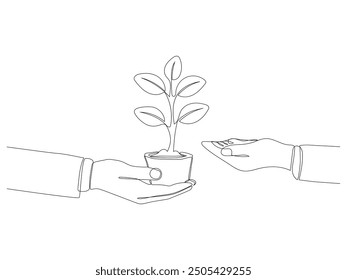 One line drawing of hands holding a plant, Plant in human arm one line art.