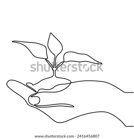 One line drawing of hands holding a plant. Concept of growing and love earth in continuous single outline.