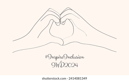 One line drawing Hands in shape of love Heart. Minimalist hand drawn banner Inspire Inclusion 2024 move. Happy International Women's Day in outline style. IWD2024 simple doodle design.