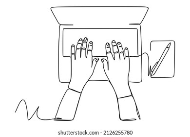 One line drawing of hands typing using laptop computer behind desk. Single line draw design illustration