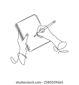 One line drawing of hands writing in a spiral notebook