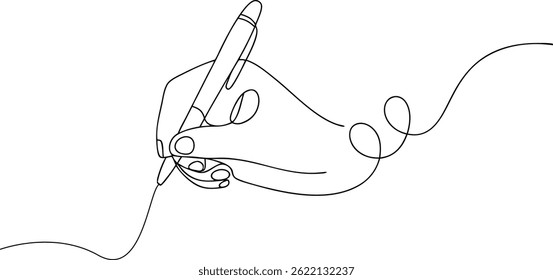 One line drawing of hands writing with pens, continuous line art illustration in minimalist black outline style


