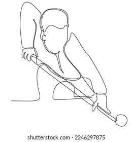 
One line drawing of handsome young man playing pool in pool hall vector illustration. Indoor sports recreation game concept. Modern continuous line drawing design