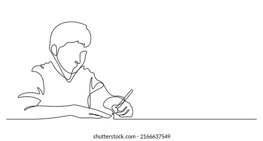one line drawing of happiness boy student writing : back to school concept vector illustration