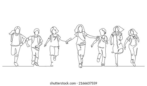 one line drawing happiness students group enjoy school finish : back to school concept vector illustration