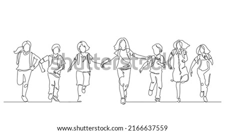 one line drawing of happiness students group enjoy school finish : back to school concept vector illustration