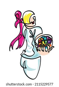 One line drawing of happy candy girl.
One continuous line drawing of candy girl with a bowl of colorful bubblegum.