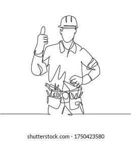 One line drawing of happy handyman wearing helmet and carrying tools gives thumbs up. Home maintenance service excellent concept. Continuous line draw graphic vector design illustration