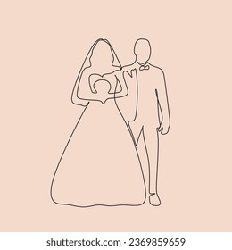 One line drawing. Happy and in love bride and groom. Fashionable couples style.