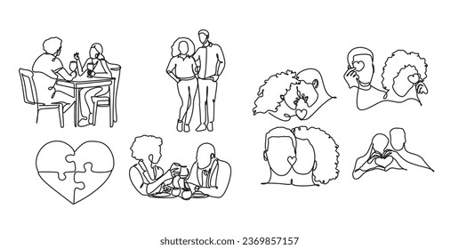 One line drawing. Happy and loving couples. Continuous one line drawing of  portrait. Fashionable couples style.	