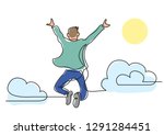 one line drawing of happy man jumping higher clouds