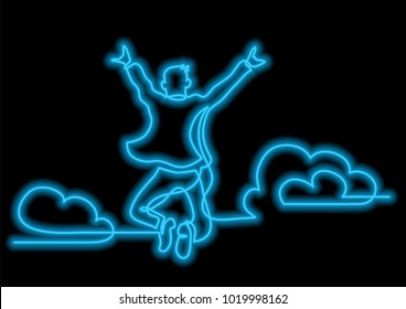 one line drawing of happy man jumping higher clouds with neon vector effect