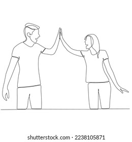 One line drawing of happy man and woman celebrating their successive goal with high five gesture.