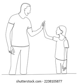 One line drawing of happy man and woman celebrating their successive goal with high five gesture.