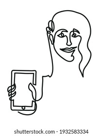 One line drawing of happy smiling woman showing mobile phone.
One continuous line drawing of woman holding smart phone.