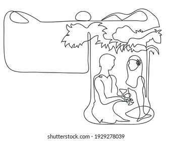 One line drawing of happy traveler couple relaxing on swing.
One continuous line drawing of tourist couple with beautiful nature landscape.