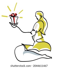 One line drawing of happy woman is holding gift box in her hands.
One continuous line drawing of beautiful happy girl posing with Christmas presents.
