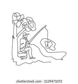 One Line Drawing of Happy Young Fisherman Sitting Relaxing and Fishing by The River