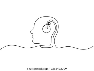 Dibujo de una línea de la cabeza con bombilla. Metáfora del pensamiento creativo. Ilustración vectorial aislada. Diseño minimalista a mano.