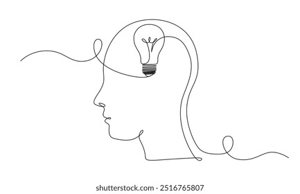 Lâmpada na cabeça em um único desenho de linha para logotipo, emblema, banner web, apresentação. Simples ideia criativa e imagine conceito. Ilustração vetorial	
