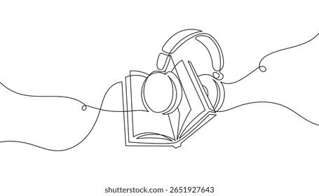 One line drawing of headphones and open book. Hand-drawn audiobook listening, education, and e-learning concept. Wireless gadget minimal contour. Vector illustration. Editable stroke.