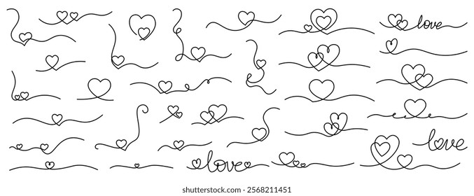 One line drawing heart big collection. Hearts continuous one line draw vector illustration set. Love symbols on transparent background. Banner for valentine's day. Abstract hearts. Editable stroke