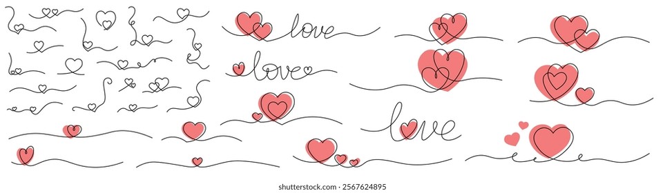 One line drawing heart collection. Hearts continuous one line draw vector illustration set. Red love symbols on transparent background. Banner for valentine's day. Abstract hearts. Editable stroke