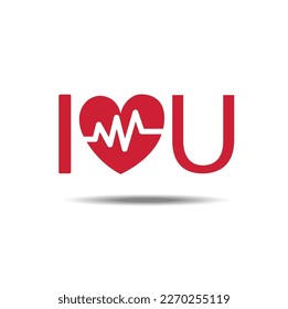 One line drawing heart pulse with inscription"love you" logo icon with shadow illustration