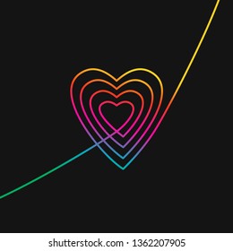 One line drawing of heart, Rainbow colors on black background vector minimalistic linear illustration of love concept made of continuous line