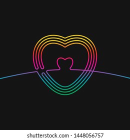 One line drawing of heart, Rainbow colors on black background vector minimalistic linear illustration of love concept made of continuous line
