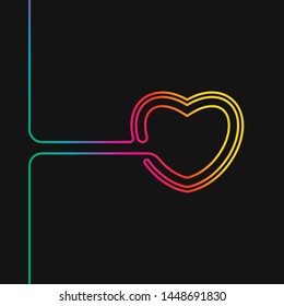 One line drawing of heart, Rainbow colors on black background vector minimalistic linear illustration of love concept made of continuous line