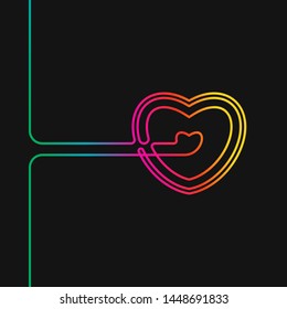 One line drawing of heart, Rainbow colors on black background vector minimalistic linear illustration of love concept made of continuous line