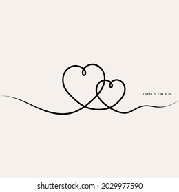 One line drawing of heart shape, vector minimalist black and white illustration "together"
