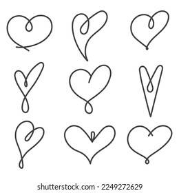 Una línea que dibuja corazones. Un conjunto de diferencias da forma a los corazones. La mano atrajo corazones.