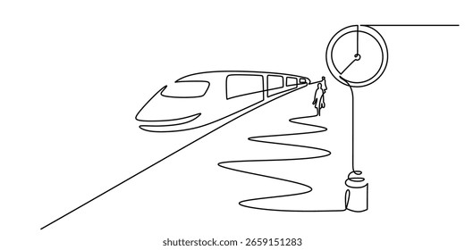 Um desenho de linha de um trem de alta velocidade chegando à estação com um passageiro de espera e relógio grande, desenhado à mão em estilo minimalista. Símbolo de pontualidade, viagem e transporte moderno.