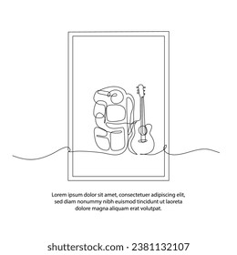 One line drawing of a hiking backpack and guitar poster with a beautiful frame. Abstract minimal continuous line wall decoration.