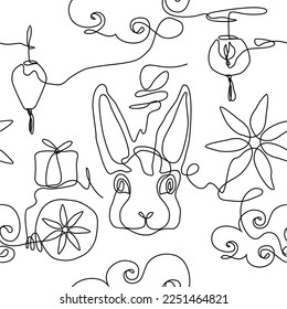 One line drawing hinese new year 2023 seamless pattern. Year of the rabbit