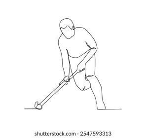 One Line Drawing of a Hockey Player. Hockey player dribbling a hockey puck, Vector illustration on a white background.