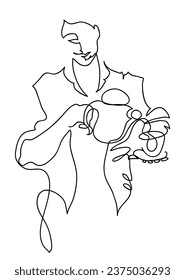 One line drawing of hold pot pour aroma coffee cup.
One continuous line drawing of man preparing coffee..
