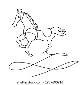 One line drawing of horse run in desert.
One continuous line drawing of horse run fast in sand.
