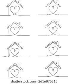 One Line Drawing House with Heart,    Home Sweet Home Illustrations vector  illustration on  white background, minimalist continuous line art illustrations of houses with hearts.
