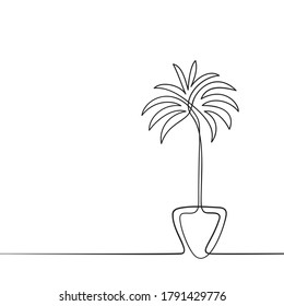 One line drawing House plant in pot, Black and white minimalist Continuous line palm tree vector illustration