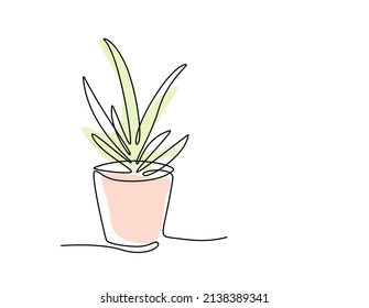 One line drawing of House plant in pot with color shapes. Continuous line handdrawn of Beautiful flower Isolated. Minimalist Vector illustration of tree. Editable stroke