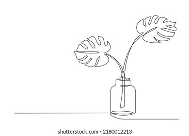 One line drawing of House plant monstera in vase. Continuous line handdrawn of Beautiful ome flower Isolated. Minimalist Vector illustration of plant. Editable stroke