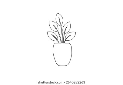 One line drawing of House plant in pot with color shapes. Continuous line hand drawn of Beautiful flower Isolated,  One line drawing of Living room with modern furniture. 