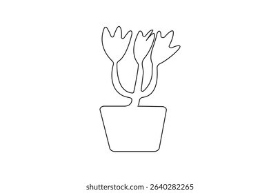 One line drawing of House plant in pot with color shapes. Continuous line hand drawn of Beautiful flower Isolated,  One line drawing of Living room with modern furniture. 