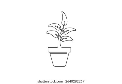 One line drawing of House plant in pot with color shapes. Continuous line hand drawn of Beautiful flower Isolated,  One line drawing of Living room with modern furniture. 